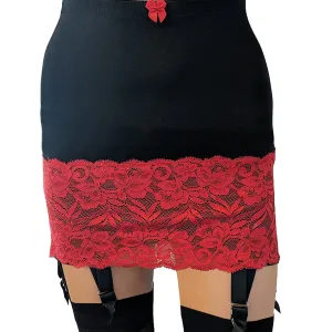 black skirt with 6 suspender straps and red lace
