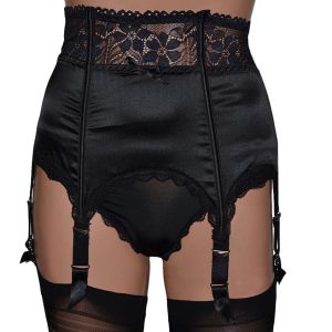 high waist 6 strap suspender belt in black satin