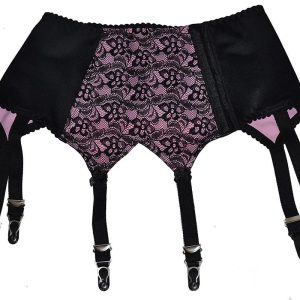 pink and black lace front suspender belt