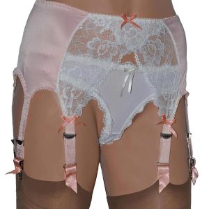 Peach 6 strap suspender belt with white lace front