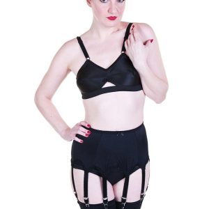 plain panel satin 8 strap suspender belt, black