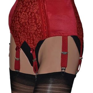 6 strap lace panel suspender belt in red