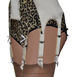 Champagne satin 8 strap suspender belt with leopard print panels