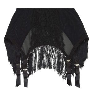 black mesh with lace front fringed suspender belt, front view