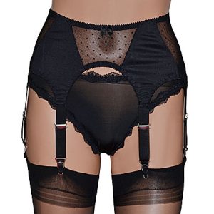 6 strap suspender belt in black with polka dot panels