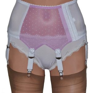 Retro style deep suspender belt in pink with white spots