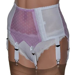 white 6 strap suspender belt with pink polka dot panels
