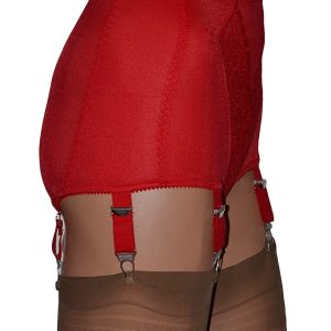 6 strap red panty girdle with lace front panel