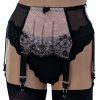 Black power mesh 6 strap suspender belt with pink lace