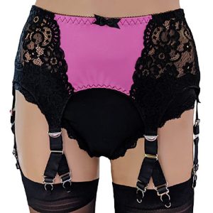 black lace 6 strap suspender belt with pink satin