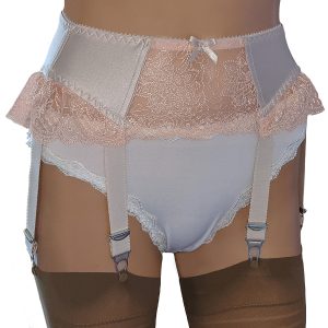 peach satin and lace suspender belt with 6 straps