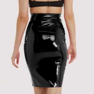 Back view of smooth glossy latex and high waistband on black wiggle skirt Tiffany Hart