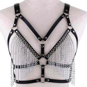 Cupless Faux Leather Harness Bra With Silver Chain Tassels