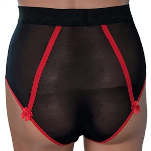 back view of the contrasting trims and bows in black/red