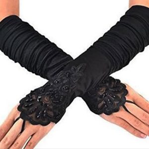 fingerless long black evening gloves in satin and lace