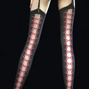 40 den burlesque style stockings in black and red. Feminine and sexy for crossdressers
