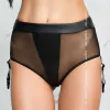 black faux leather and mesh knickers with suspenders