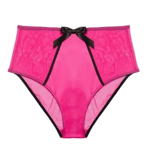 pink high waist satin knickers with black trims and bow