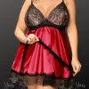 red satin babydoll nightdress with black lace trims