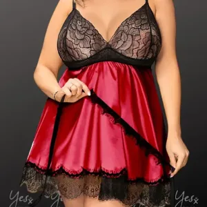 red satin babydoll nightdress with black lace trims