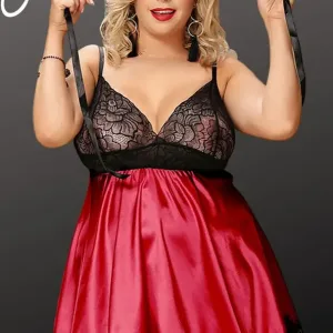 Red satin babydoll with black lace and matching blindfold in large sizes