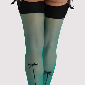 teal green seamed stockings with black seam and bow